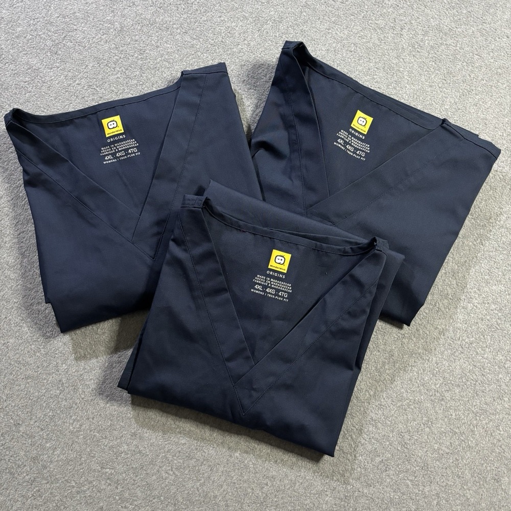 Lot of 3 NWT WonderWink Origins Bravo Scrub Tops 4XL Navy Blue Women Plus Fit